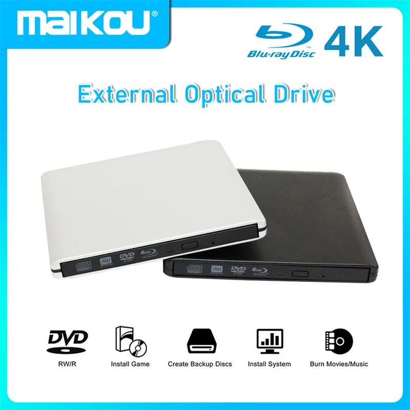 USB 3.0 4K Bluray External Optical Drive 3D Player BD-RE Burner Recorder DVD+/-RW/RAM Drives for Computer Windows7/8/10