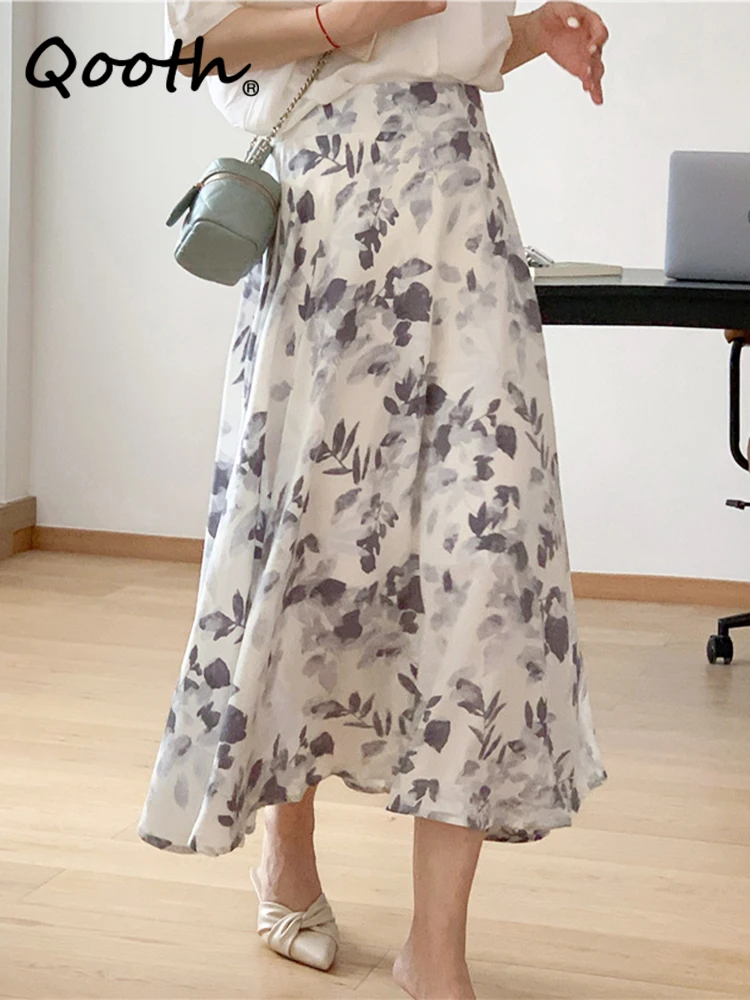 

Женская шифоновая юбка-трапеция Qooth с цветочным принтом, элегантная длинная юбка с эластичным поясом для весны и лета, QT2145