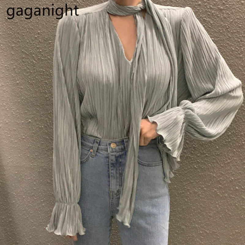 

Gaganight женская рубашка с V-образным вырезом, свободная универсальная рубашка, новинка 2022, Корейская шикарная мягкая блузка с расклешенными ру...