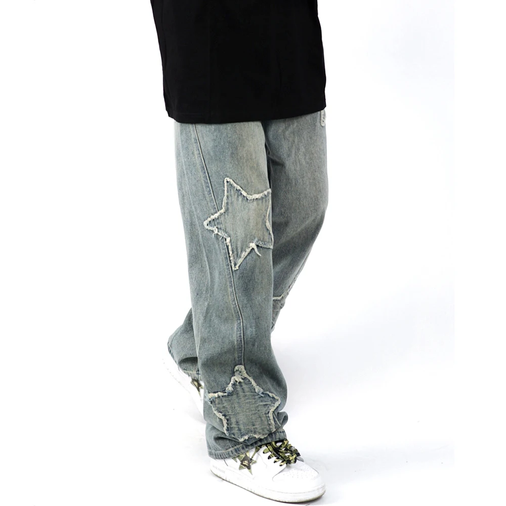 Street Retro Hip-hop Five-pointed Star Cloth Embroidered Jeans Men's and Women's Loose Straight Trousers Ins Men Clothing JEANS