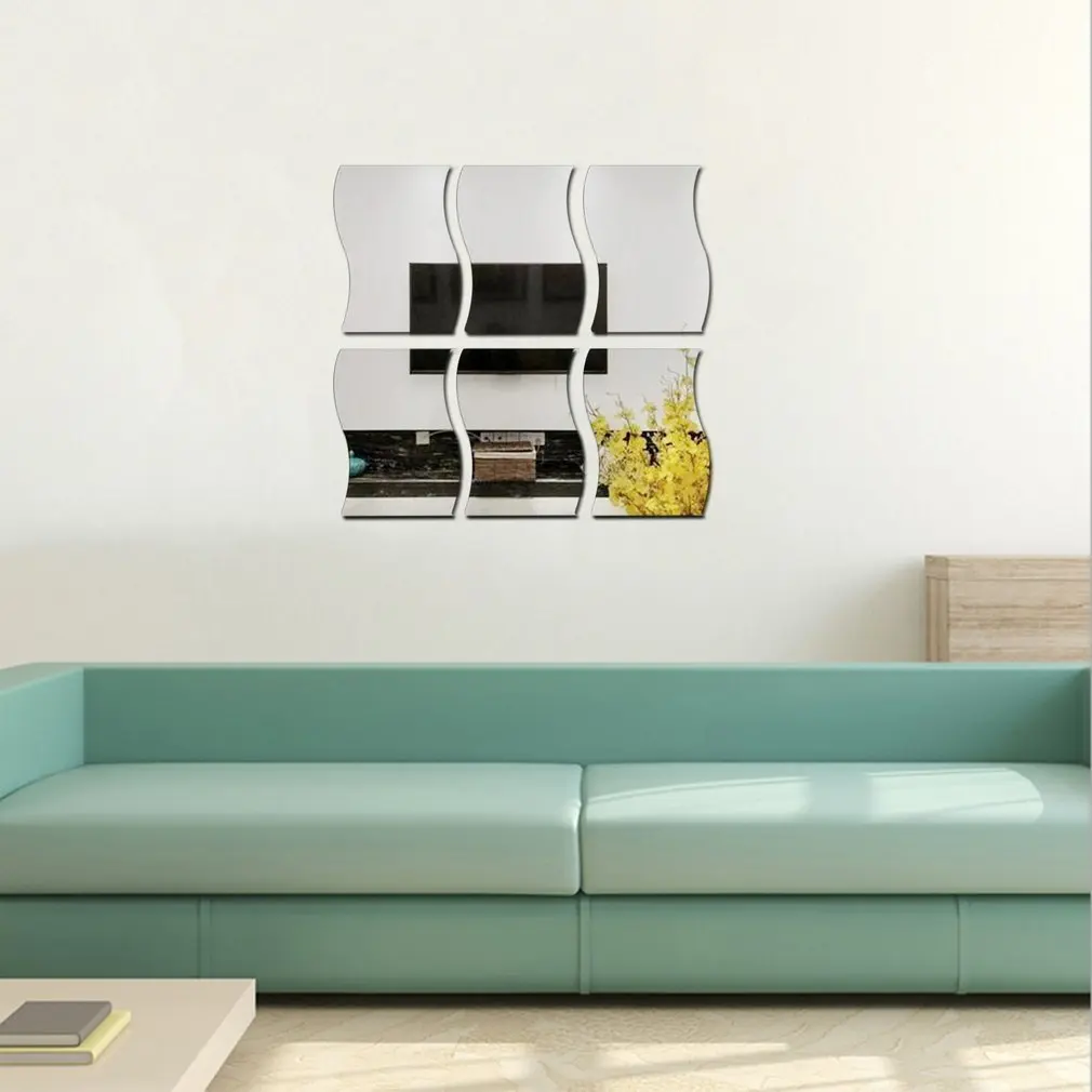 

3D Mirror Wall Sticker Large Mirror wall Tiles Stickers 6 pcs Waves Shape Self-adhesive Tile Hoom Decoration