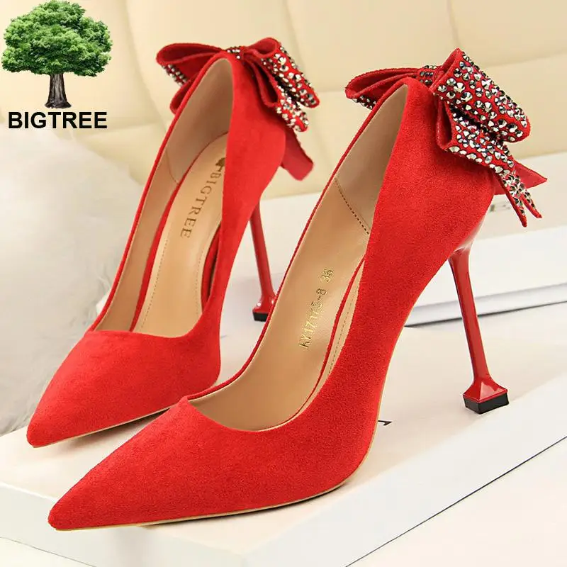

Туфли женские замшевые, высокий каблук-шпилька, бант, туфли-лодочки, простые, красные, свадебная обувь