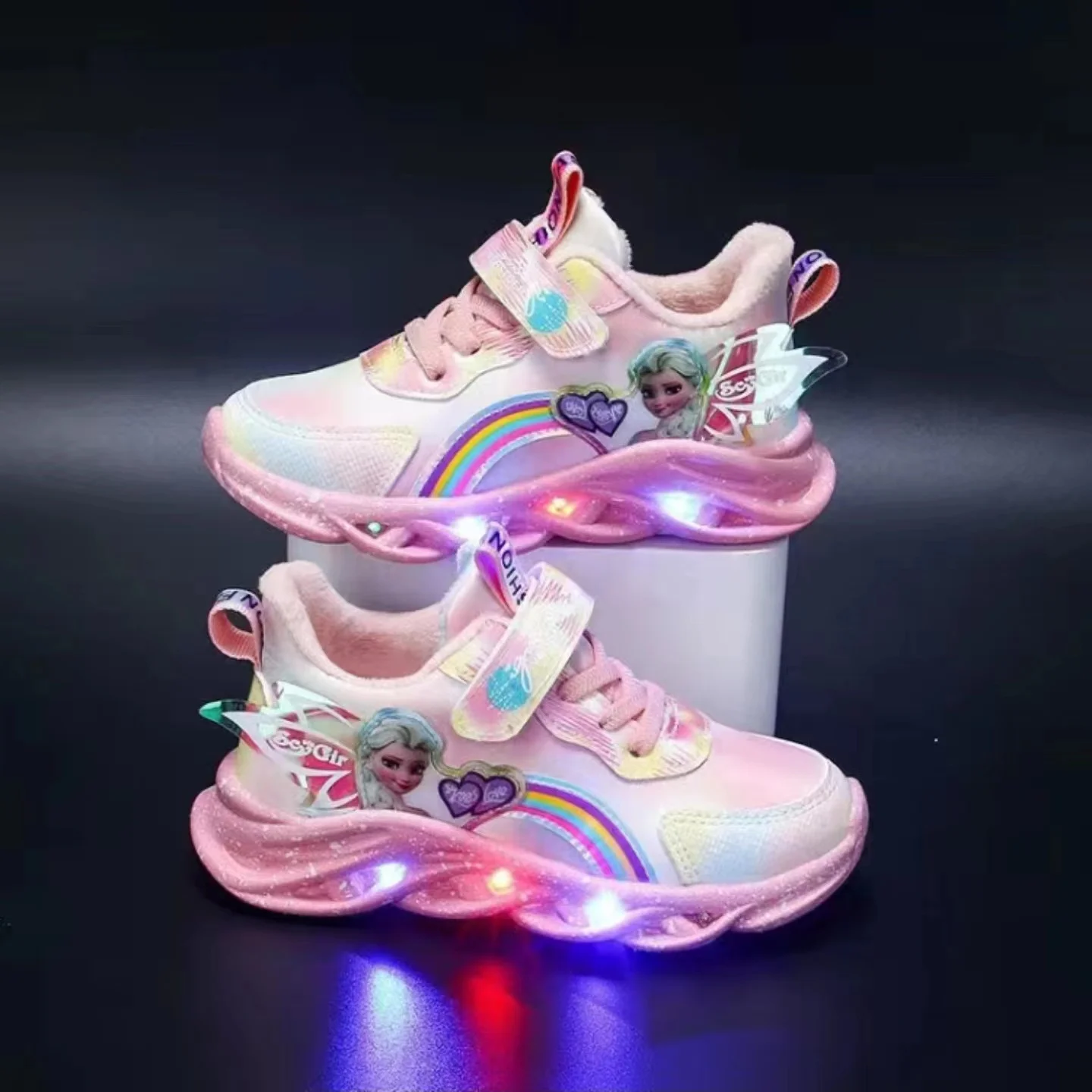 2023 Girls New Lovely Cartoon Sneakers Children Baby Spring Mesh LED Luminous Sports Shoes Infantil Winter Warm Light Up Shoe