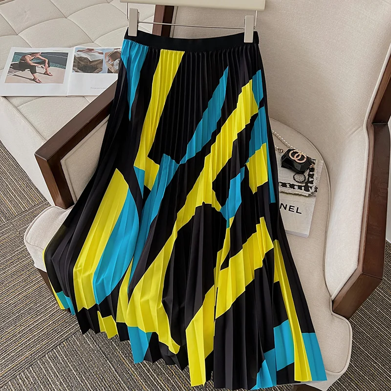 

YCMYUNYAN 2023 New Folds Skirt Spring/summer Geometric High Waisted Loose A-LINE High Street Chiffon Print Women Pleated Skirts