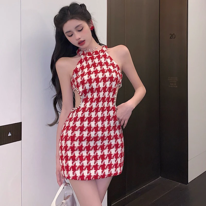 Women Houndstooth Bodycon Dress Summer Rhinestone Hollow Out Waist Halter Neck Sleeveless Short Dress Y2K Vintage Party Dress