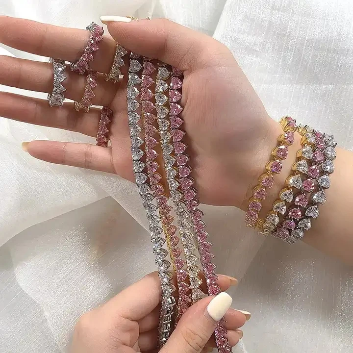 2023 Iced Out Bling 5A cubic zirconia heart cz tennis chain necklaces for women men valentine's day gift fashion set jewelry