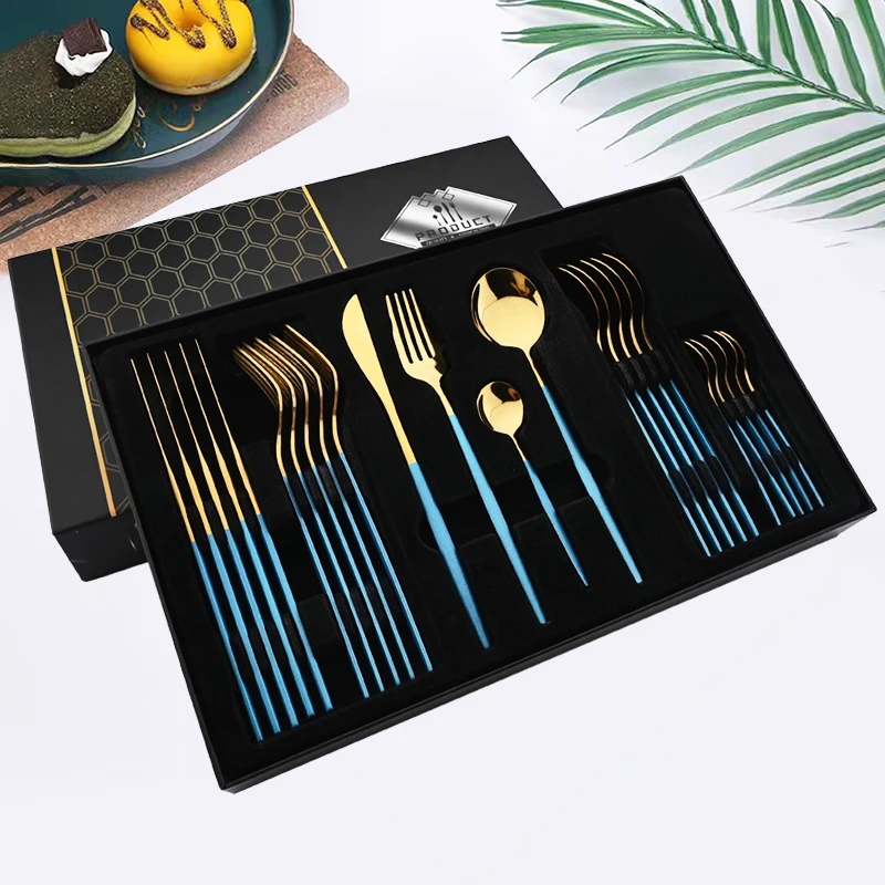 

Mirror Blue Gold Cutlery Tableware Set 24pcs Fork Spoon Steak Knife Dinnerware Set Stainless Steel Dinner Flatware Set Gift Box