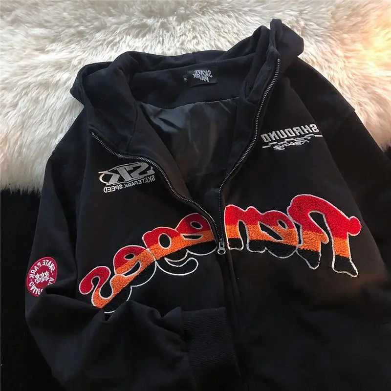 

Vintage Women Hoodies Letter Embroidery Printed Zip Up Grunge Sweatshirt Hip Hop Long Sleeve Oversized Jacket Coat Streetwear