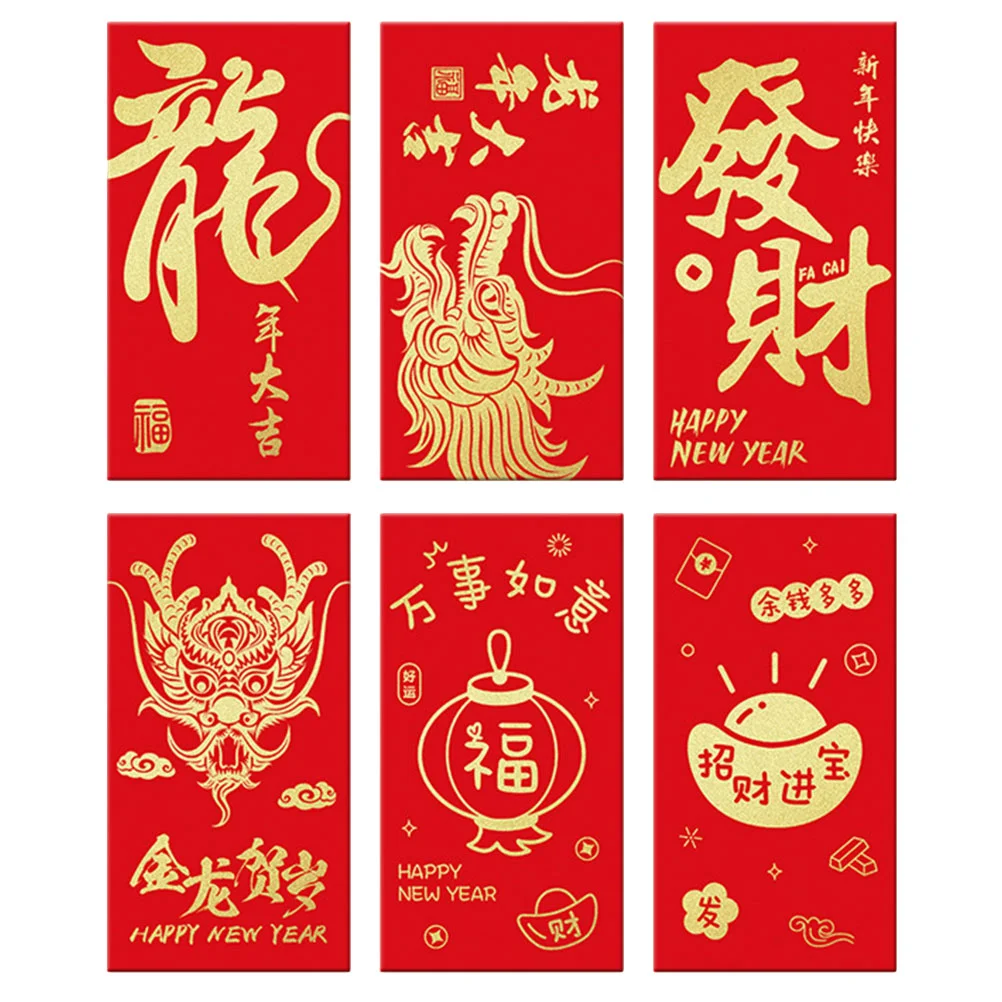 

6 Pcs Red Money Packet New Year Pouches Paper Bags Gift 2024 Envelope Dragon