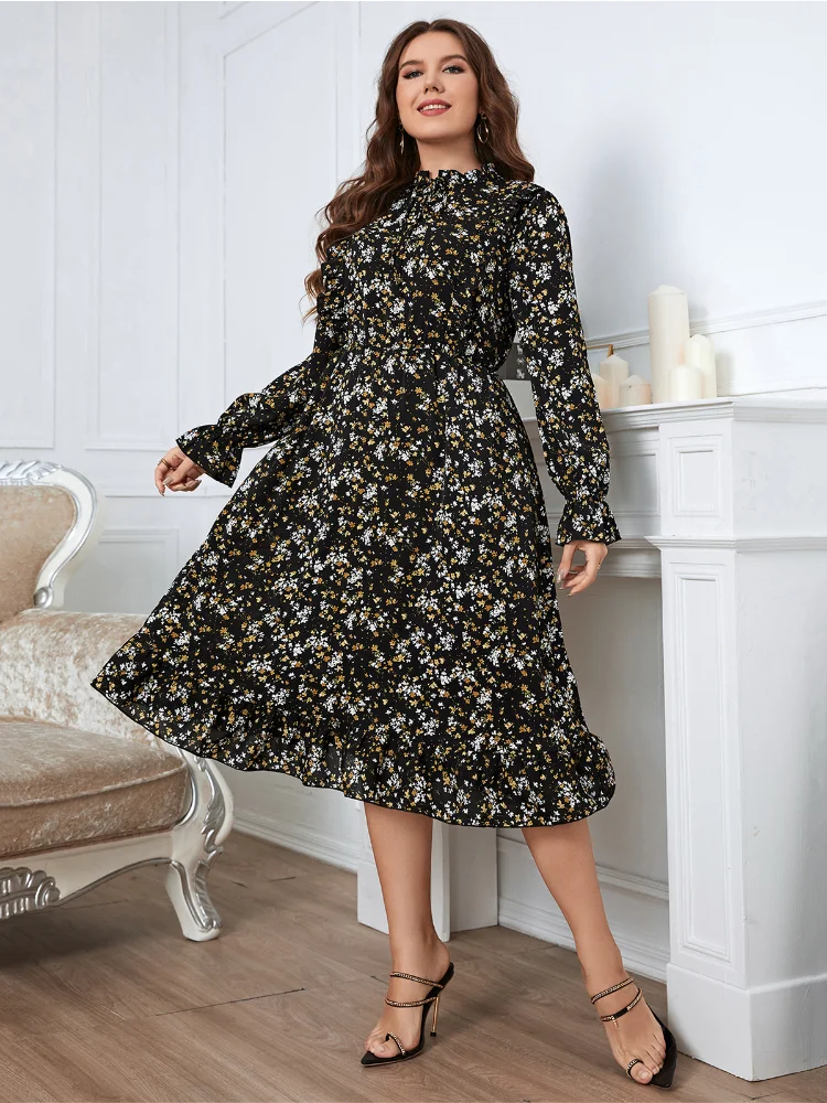 Temperament commuter tie round neck floral lace long sleeve women dress large plus size  party dresses