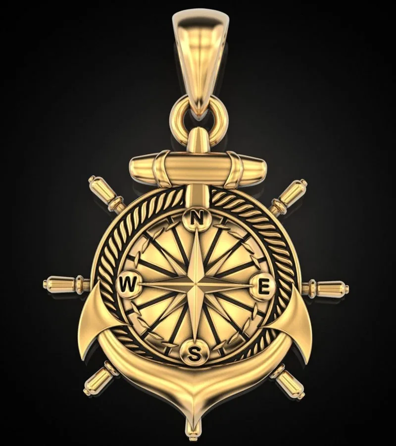 

5.5g Anchor Rudder And Compass Gold Pendant 925 Solid Sterling Silver Pendant