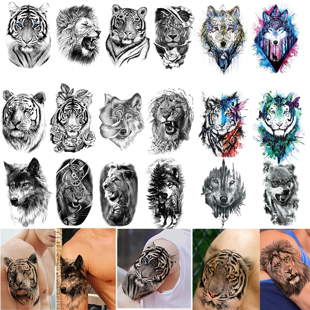 

50Pcs Wholesales Waterproof Temporary Tattoo Sticker Tiger Lion Wolf Forest Man Big Sexy Flower Women Body Arm Art Fake Tattoos