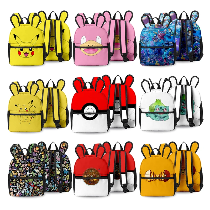 Pokemon Kawaii Pikachu Elf Ball Backpack Bulbasaur Eevee Squirtle Cartoon Rabbit Ear Children's Schoolbag Oxford Cloth Bag