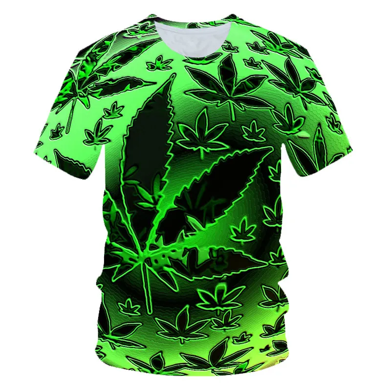 2022Summer new  3D printing  green hemp leaf silk tobacco T shirt short sleeve O collar street casual short sleeve Oversized