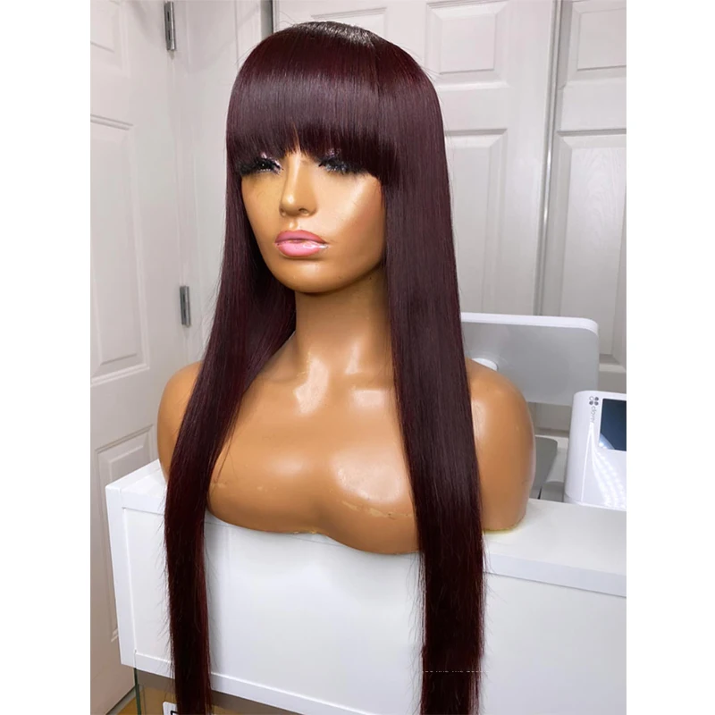 

Cosplay 26 Inch Burgundy Silky Straight Synthetic Machine Wig With Bangs For Women High Temperature Fiber Glueless Daily Use Wig