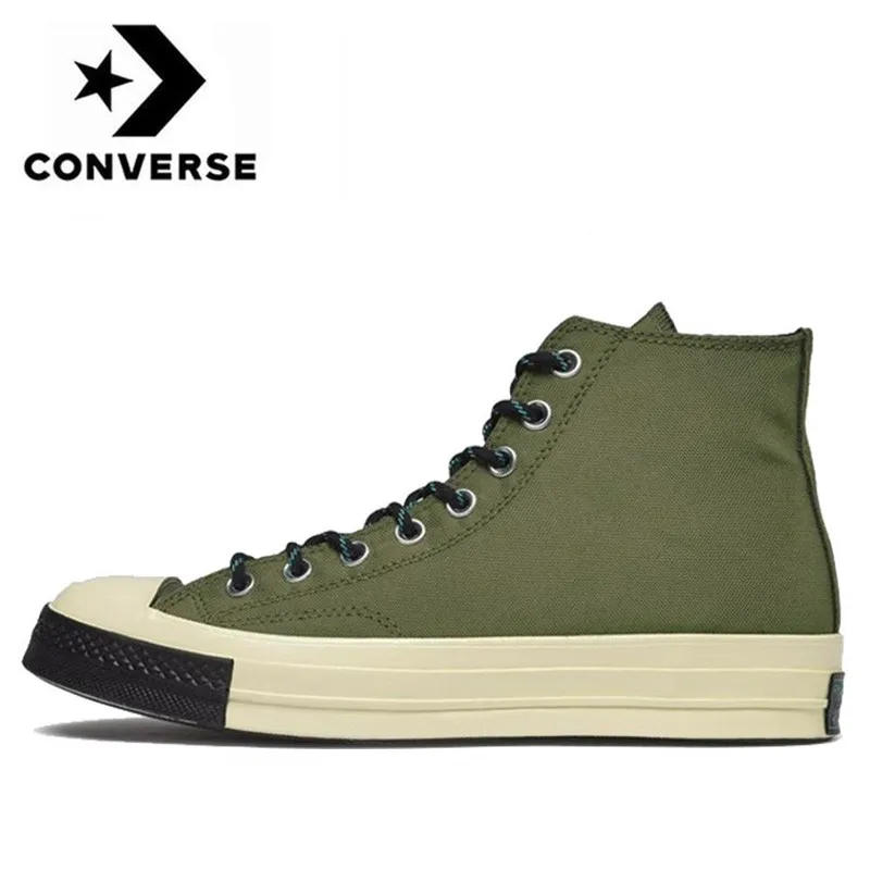 

Authentic 1970s male and female Neutral high Sneakers Classic Army-Green leisure platform Canvas Shoes