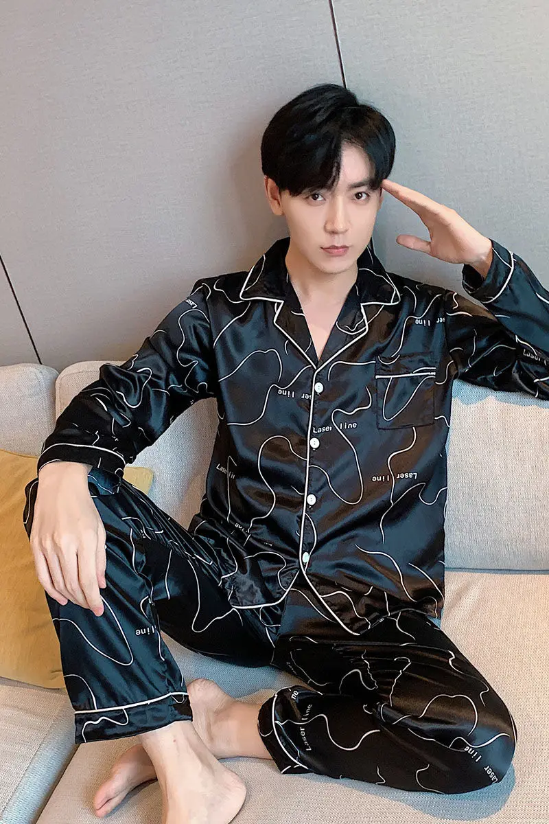 Men Comfortable Pyjamas Set 3XL 4XL 5XL Long Sleeve Casual Home Wear Spring Autumn Silk Boy Pajama Sets Leisure Sleepwear Set