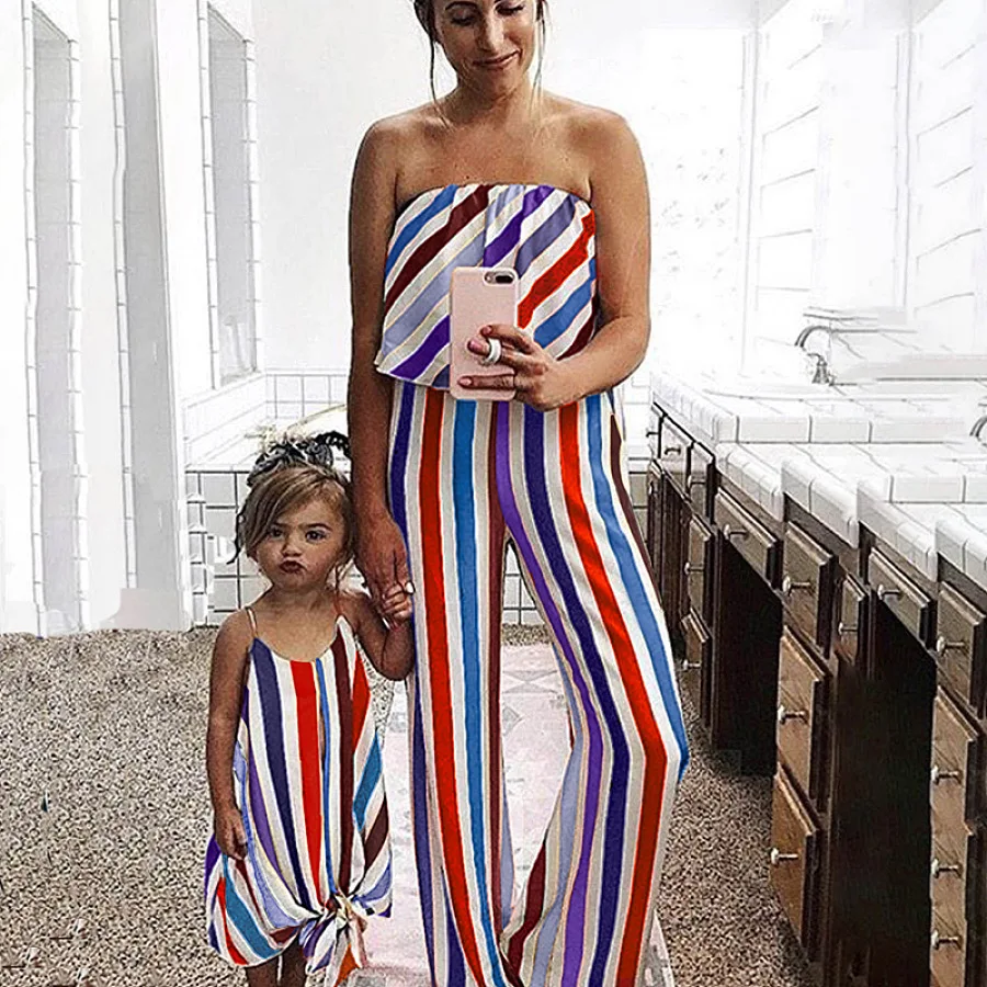 

Mommy and Me Clothes Family Jumpsuit 2021 New Summer Color Striped Off-shoulder Ruffle Jumpsuit Mother and Daughter Dresses
