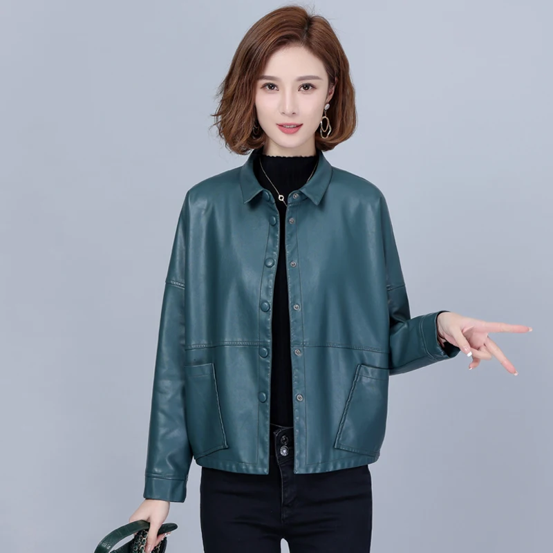 KoHuiJoo  Leather jacket Women 2022 Spring Autumn New Mother Fashion Loose Outerwear Long Sleeve Pocket Design Women's Coat Red