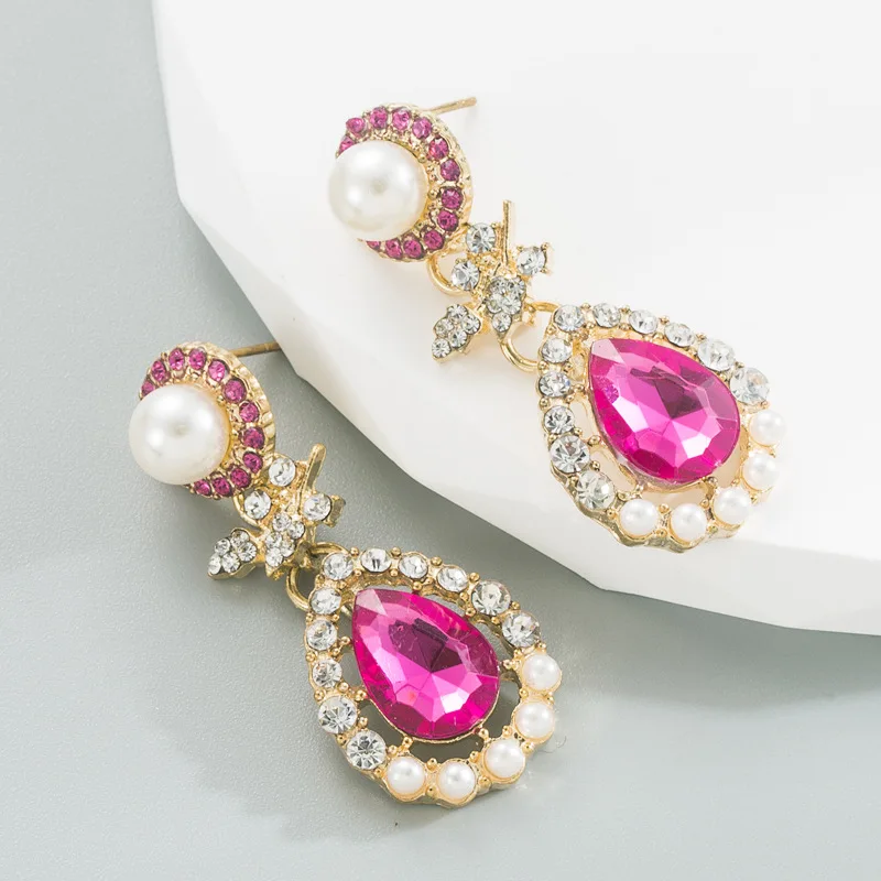 

Wedding Pearls Elegant Fuchsia Crystals Zircons Long Drop Women Earrings Dangle Earring Jewelry for Bridal Party Earrings Bijoux