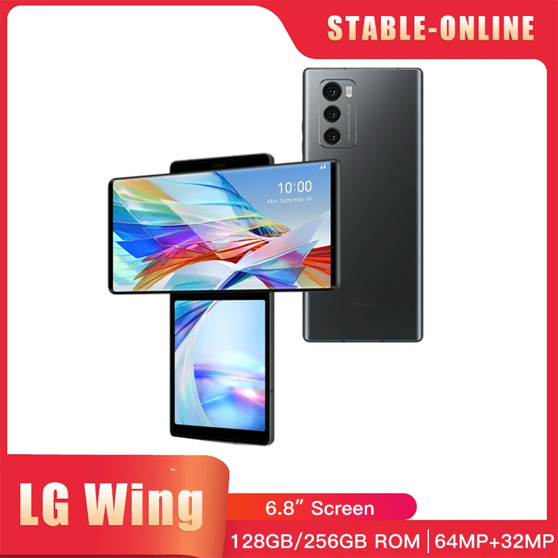 

LG WING LMF100N, модель LMF100VM 5G, экран 6,8 дюйма OLED, 8 ГБ ОЗУ 128 ГБ/256 Гб ПЗУ, камера 64 мп + 32 МП, телефон Android