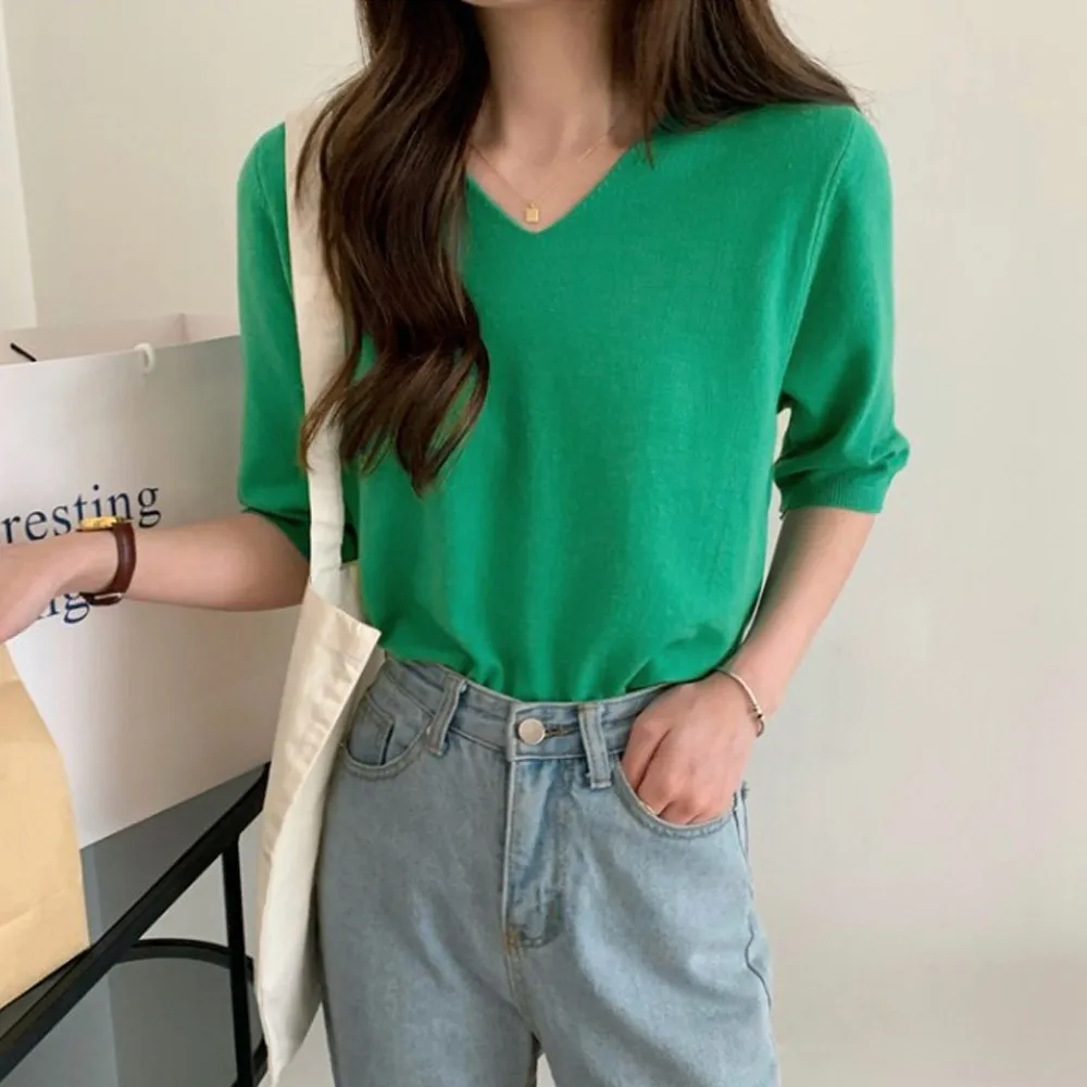 

5부 니트 티 여성 브이넥 이너 티셔츠 무지