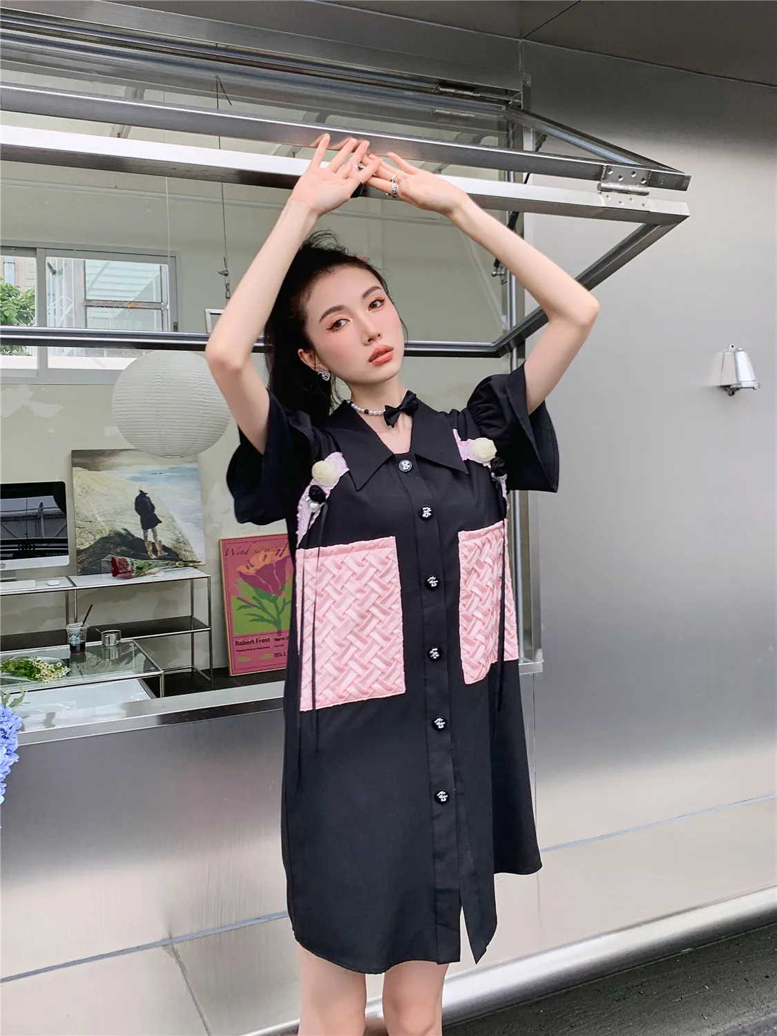 

DALMAZZO Original Designer Fashion Three-Dimensional Flowers Loose Midi Dress Women Lapel Butterfly Sleeve Buttons Shirt Dresses