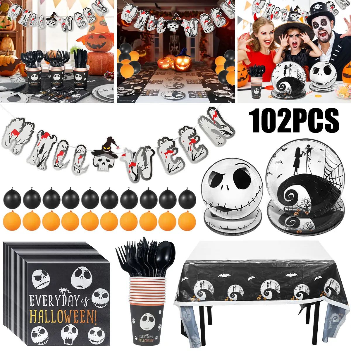 

102Pcs Halloween Tableware Set Halloween Party Dinnerware Set Reusable Halloween Party Supplies Safe Durable Halloween Theme