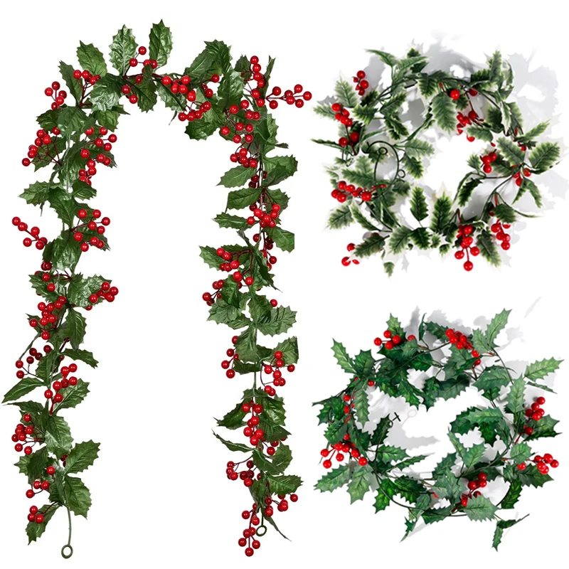 

2M Artificial Holly Leaves Red Berries Vine Christmas Rattan DIY Garland Xmas Tree Hanging Ornaments Home Decoration Wreath