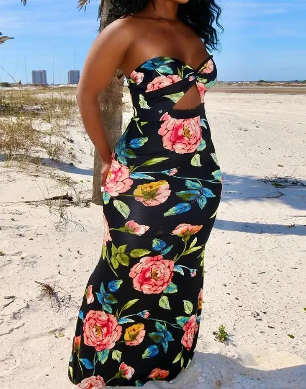 

Dresses for Women 2023 Summer New Casual Fashion Sexy V-Neck Hollow Floral Print Bandeau Twisted Maxi Dress Beach Vacation