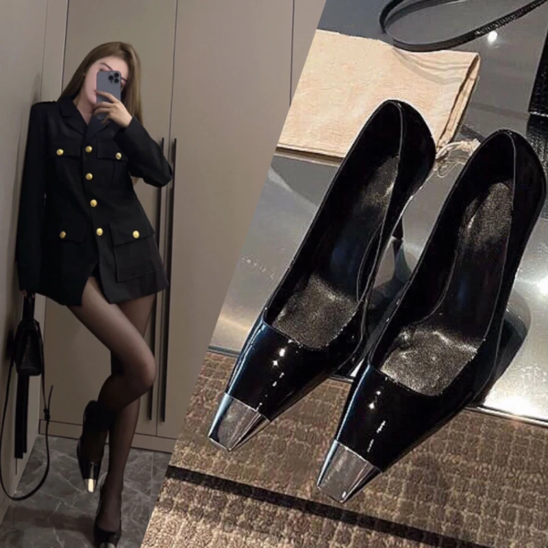 

Black Patent Leather High Heels for Women Autumn Fashion Square Head Pumps Party Birthday Banquet Shoes Zapatos Mujer Tacon