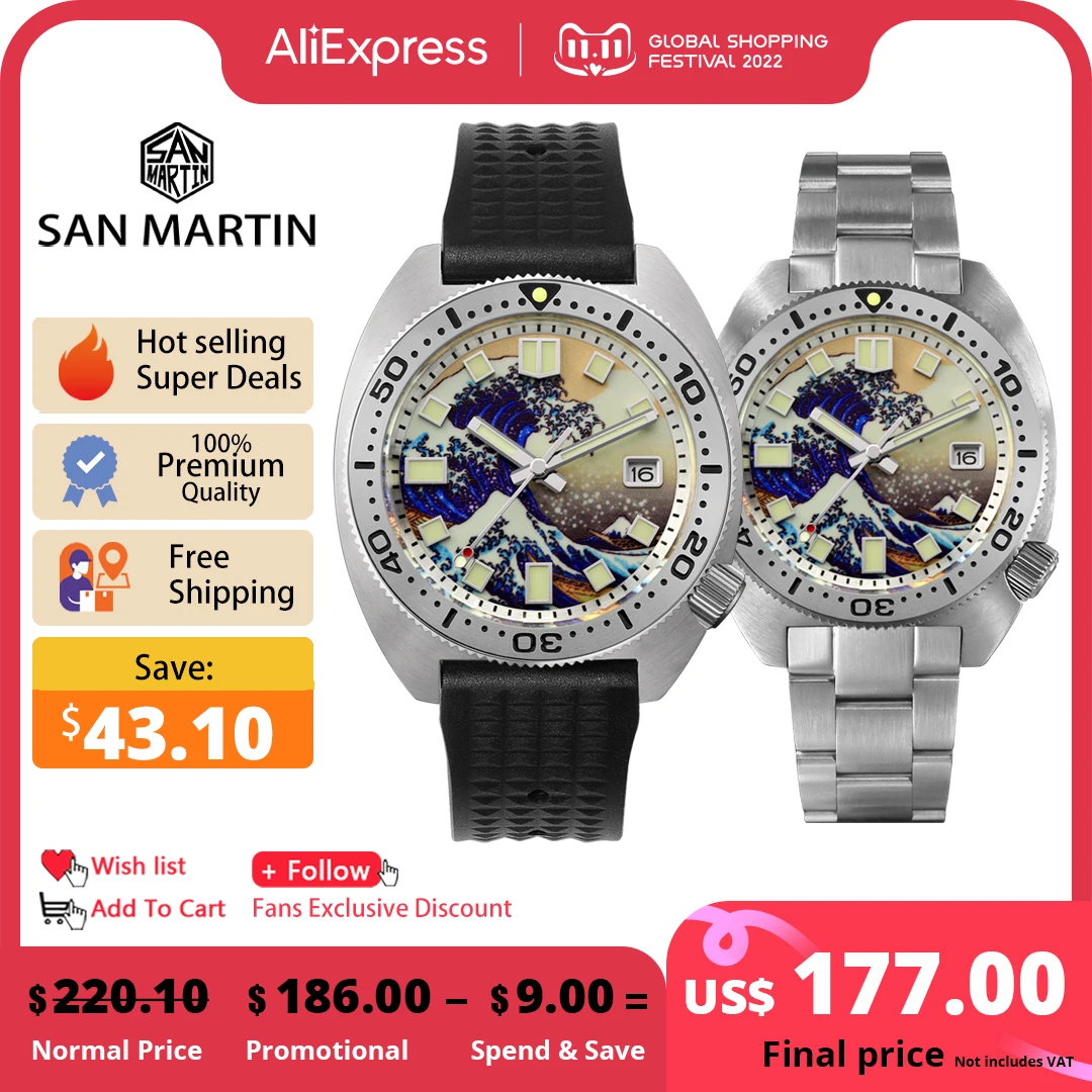 Продажа Мужские автоматические механические часы с сапфировым циферблатом San Martin Diver 6105 Wave 3D печатью