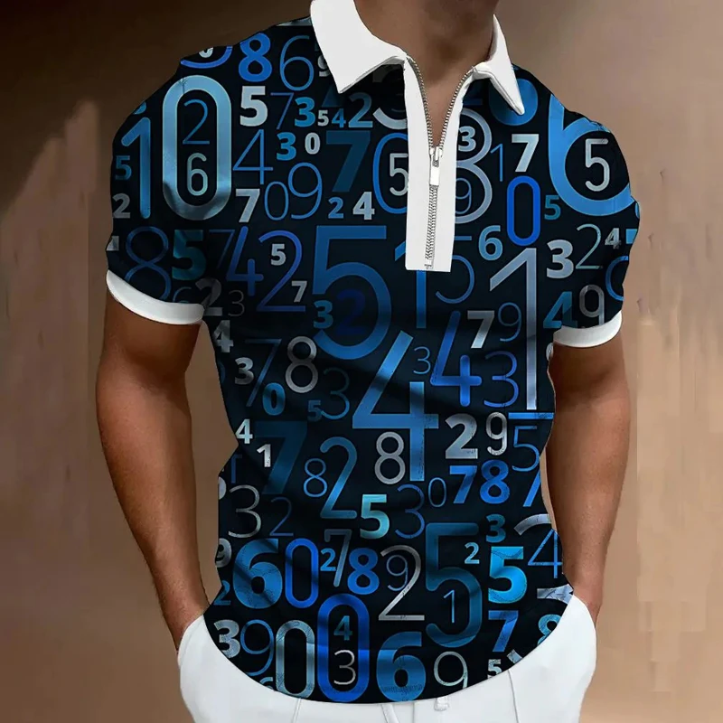 

Arabic Numerals 3D Print Polo Zipper Short Sleeve Shirt for Men