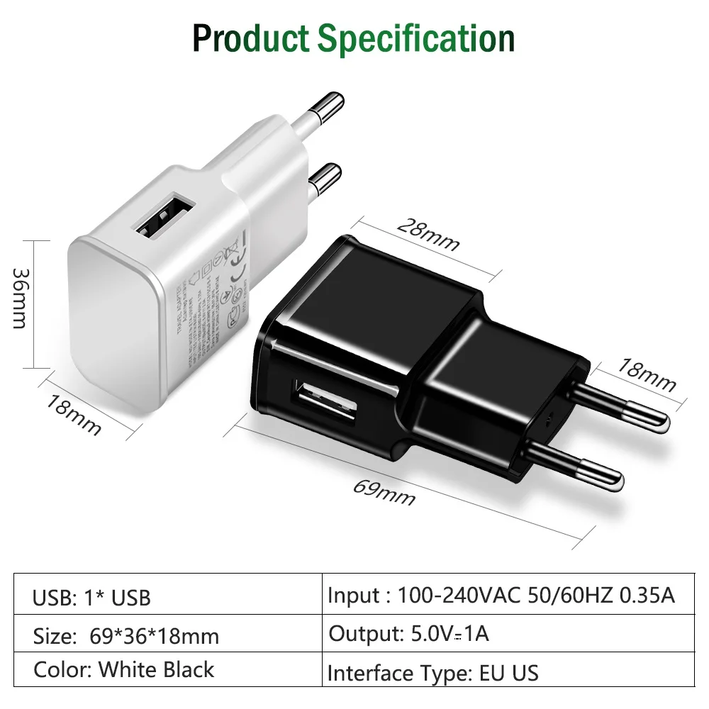 10pcs/lot 5V 1A EU US Plug Wall Travel Charger Adapter For Samsung S9 S8 S7 S6 S5 edge A30 A50 A70 J330 J530 A750 Xiaomi Huawei