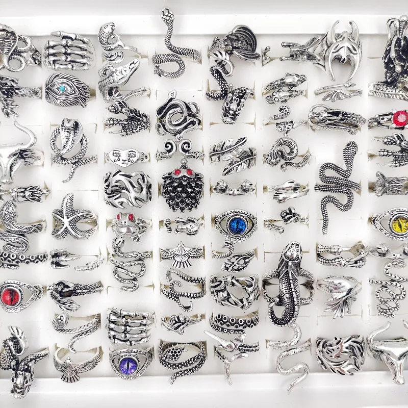 

5/10/15pcs/Lot Vintage Punk Snake Dragon Animal Devil's Eye Adjustable Rings for Men and Women Charm Hip Hop Gothic Jewelry Gift