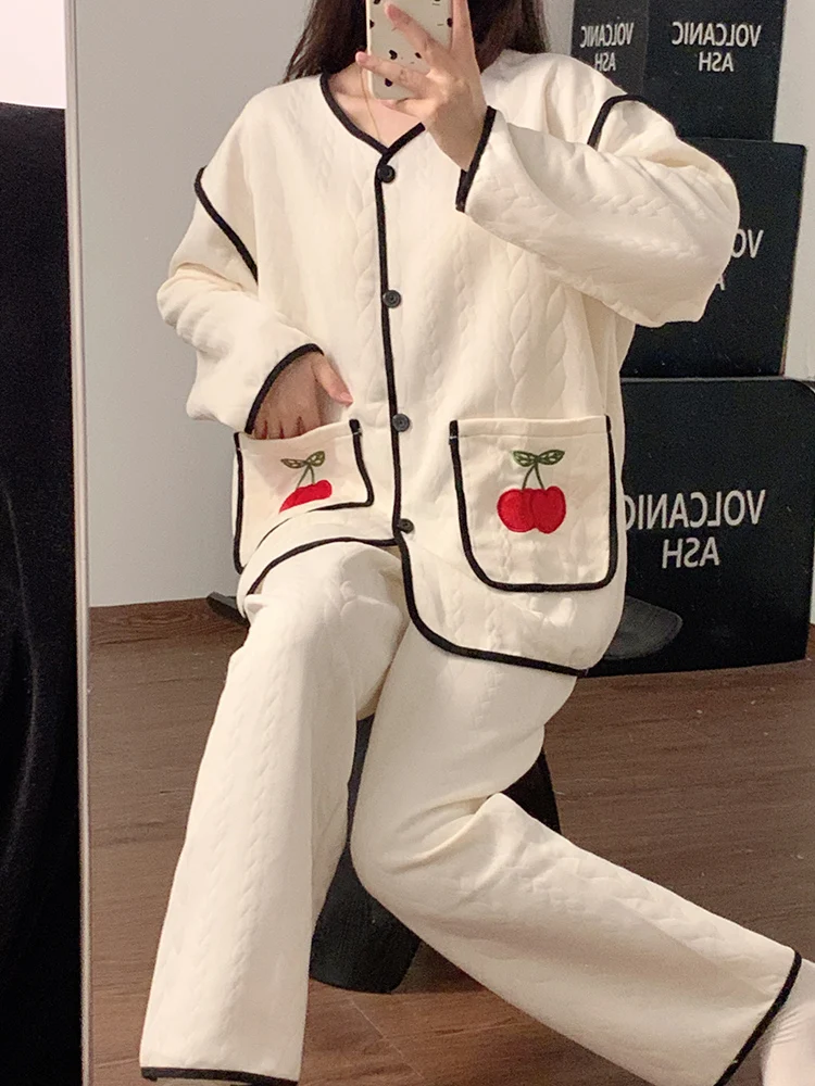 Air Cotton Sandwich Pajamas Women Autumn and Winter Casual High Sense Long sleeve Thickened 2024 New Set Homewear