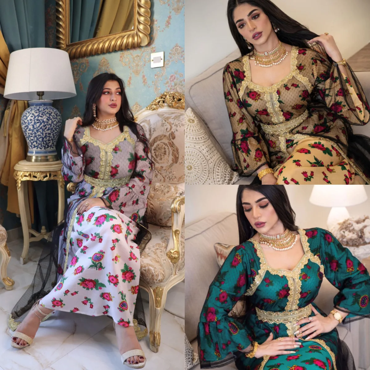Abayas For Women Middle Eastern Ethnic Print Embroidery Lace Gauze Dress Dubai Muslim Woman Robe Femme Musulmane