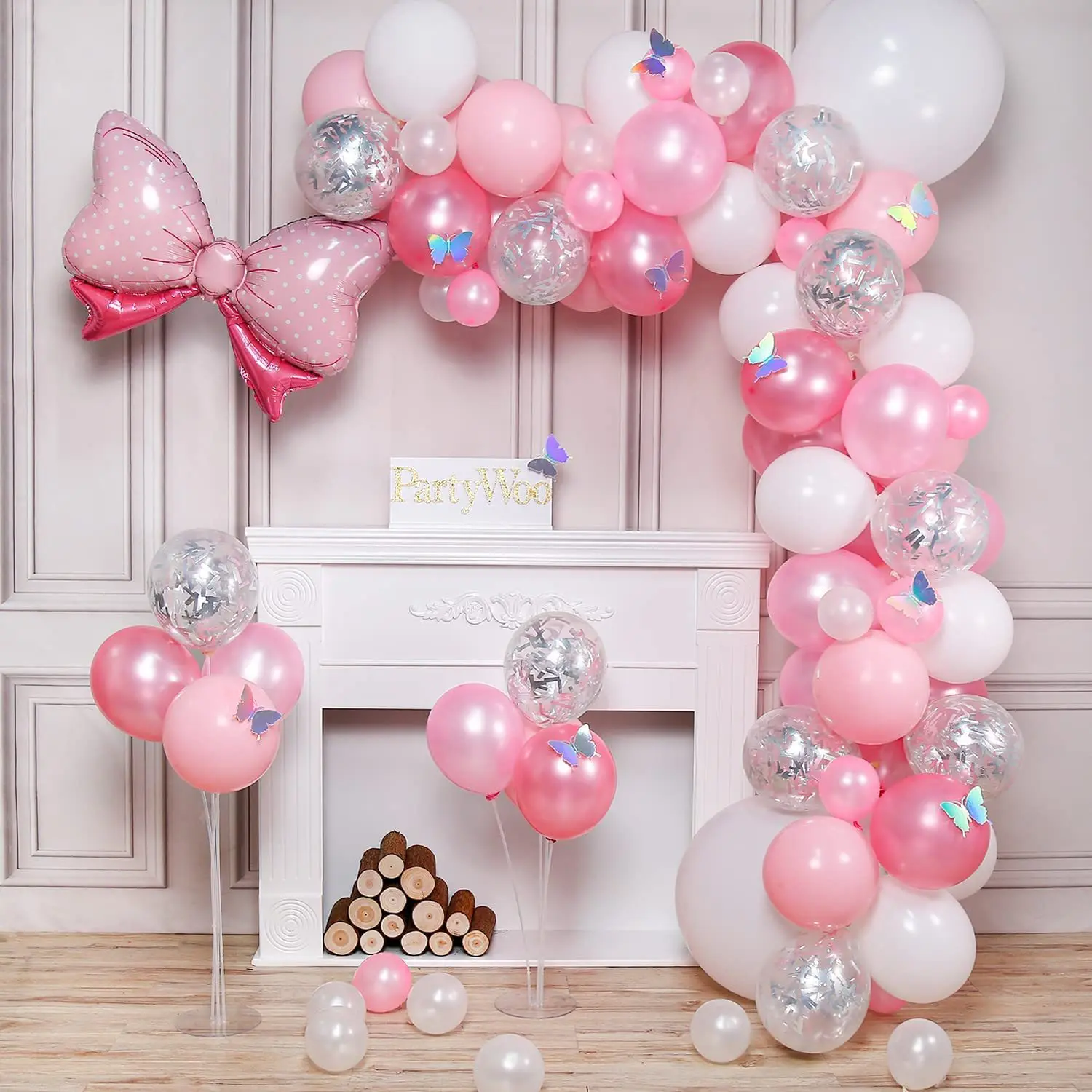 Набор воздушных шаров конфетного розового цвета с цепочкой и мультяшным бантом