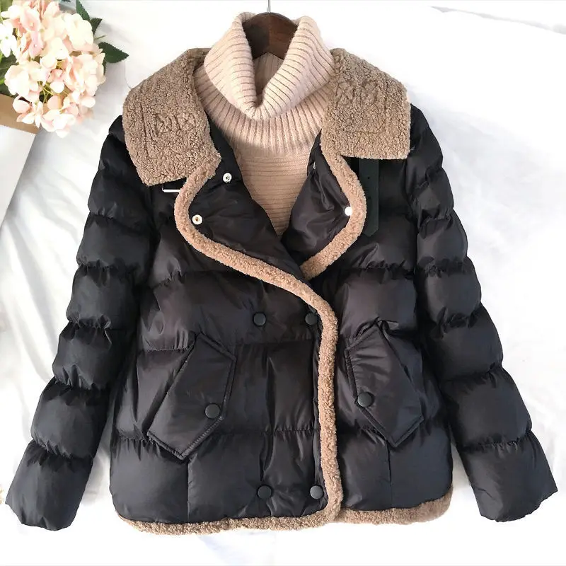 2022 Winter Thick Warm Coat   Women Clothing Fur Collar Patchwork Down Cotton Padded Jacket Female Elegant Short Parkas