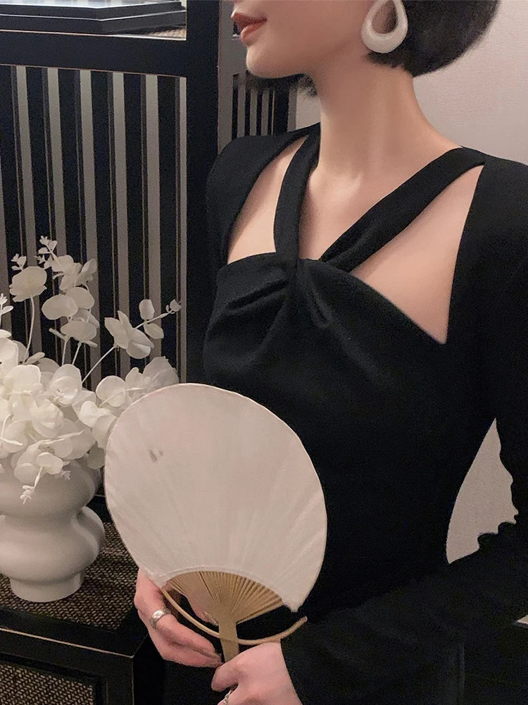 Осеннее французское винтажное элегантное платье женское пикантное вечернее