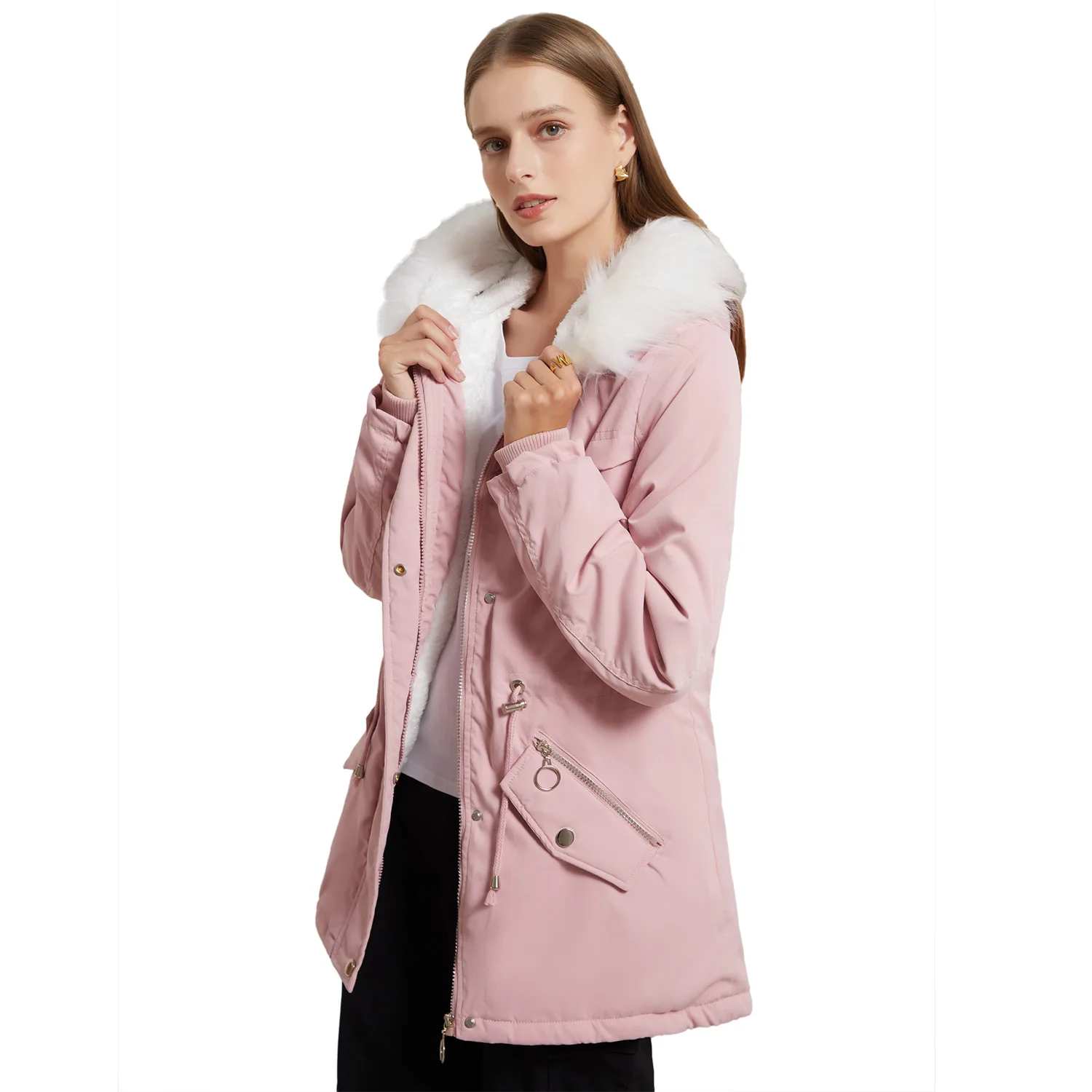 New parkas women's fleece cotton coat warm fur pluffy collar loose winter hooded coat jacket outerwear Oovercoat