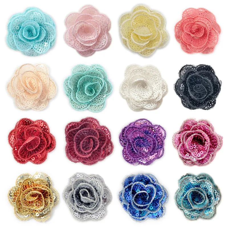 

10Ps 3d Small Rose Flower Sequin Embroidery Patch Military Applique Sew Clothing Wedding Evening Dress Accessory diy Gold Blue