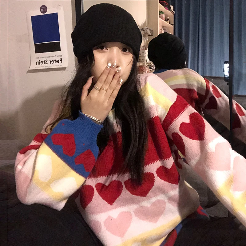 

New Autumn Sweater Women's Preppy Style Harajuku Kawaii Colored Stripes Pullover Knitted Cartoon Love Onesize Sweater Female