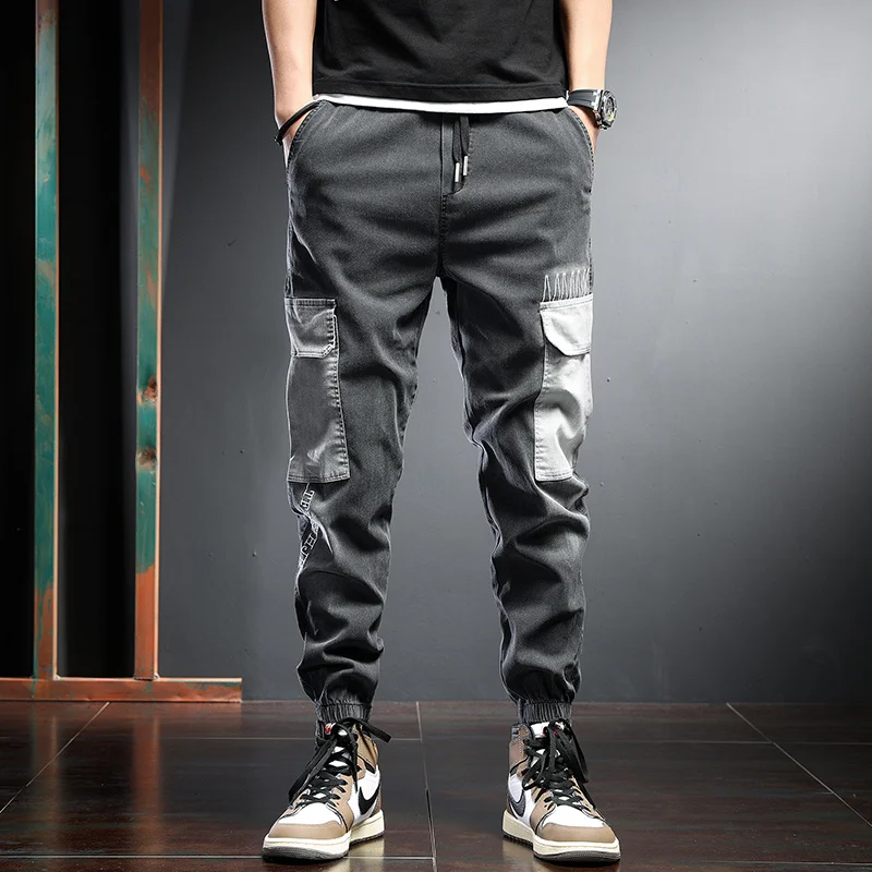 

Pants Summer Cargo Men Fashion Patchwork Big Pockets Black Baggy Elastic Waist Drawstring Trousers