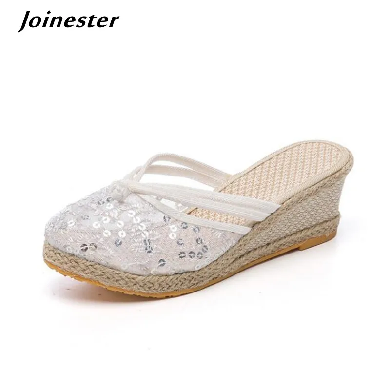 

Air Mesh Wedge Slippers for Women Sequins Fashion Slides Ladies Closed Toe Leisure Outdoor Espadrilles High-heeled Slip on Mules