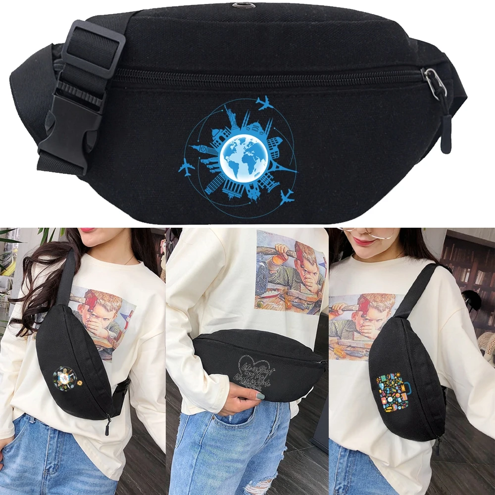 

Waist Bag Women Travel Organizer Men Outdoor Sport Gym Canvas Bags Printing Mobile Phone Handbags Zipper Wallet Card Key Pack