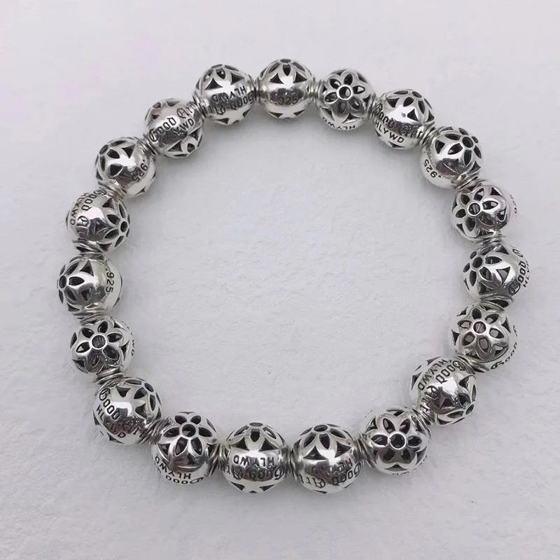 

Selling s925 pure silver hollow cherry blossom hand ball string of male niche of hip hop round bead chain accessories