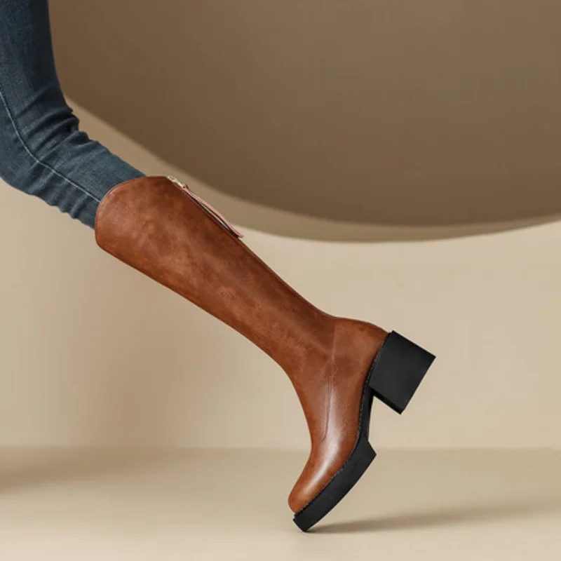 Autumn and Winter Full Leather High Tube Plush Single Lining Leather Boots with Zipper for Women's Boots Brown Long Boots