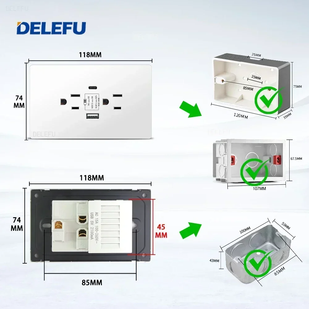 DELEFU огнестойкая белая панель ПК Мексика стандарт типа C быстрая зарядка розетка