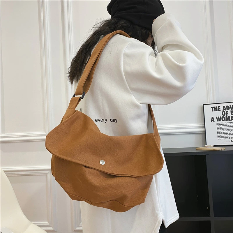 2023 New Korea Shoulder Bags For Women 100% Cotton Crossbody Bags Unisex Solid Color Simple Satchels Preppy Style Casual Totes